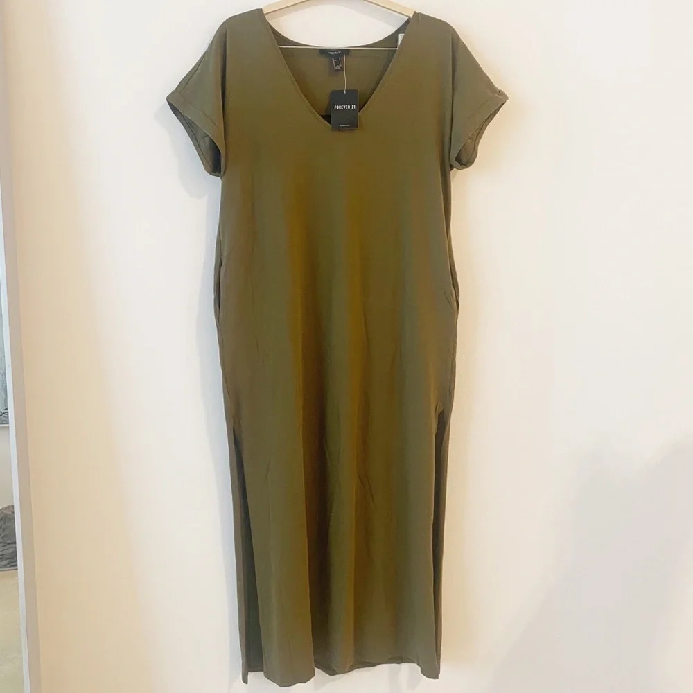NWT Forever 21 Khaki Green Army Tee Shirt Dress Size L Loose Casual Tee Dress